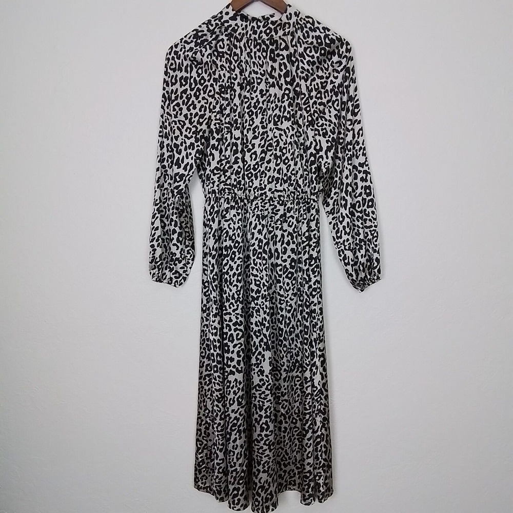 Loft Womens Silky Midi Dress Sz 8 Black Beige Leopard Long Sleeve High Neck Mock